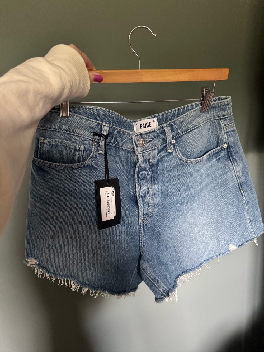 PAIGE Light Wash Denim Frayed Hem Shorts